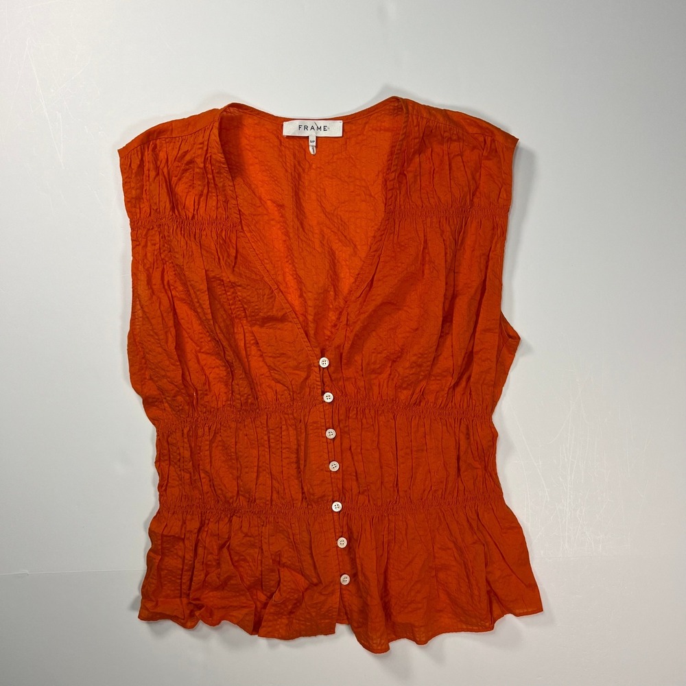 FRAME Orange Crush Ruched V-Neck Sleeveless Top Women Small Cotton Blouse